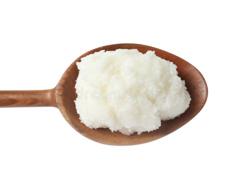 Shea butter in wooden spoon on white, top view stock photography