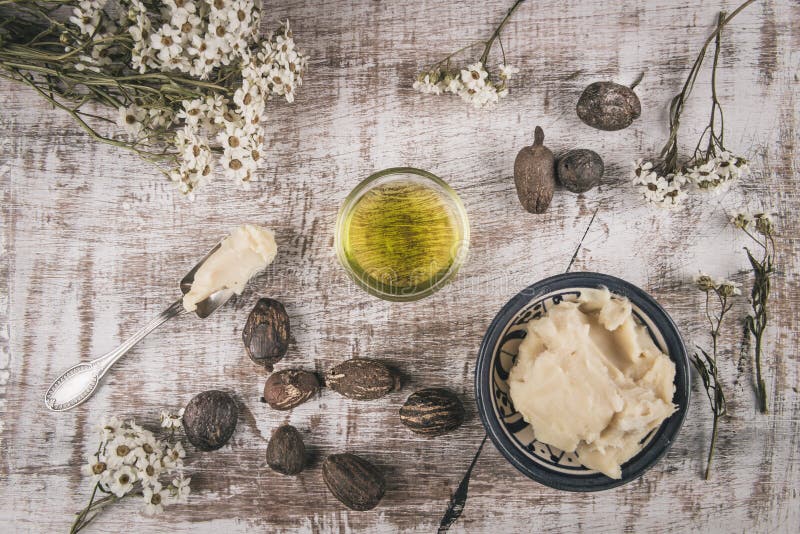Shea oil and butter with shea nuts. Shea butter and oil with shea nuts on a shabby white table with white flower and silver spoon royalty free stock photo Shea oil and butter with shea nuts. Shea butter and oil with shea nuts on a shabby white table with white flower and silver spoon royalty free stock photo