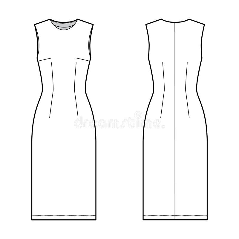 Sheath Dress Technical Fashion Illustration with Fitted Body, Oval Neck ...
