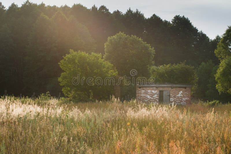Shed in the field. Shed in the forest. Brick house in the forest. stock photo Shed in the field. Shed in the forest. Brick house in the forest. stock photo
