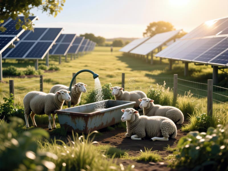Sheep Drinking Water on a Rural Solar Panel Farm, generative ai stock illustration