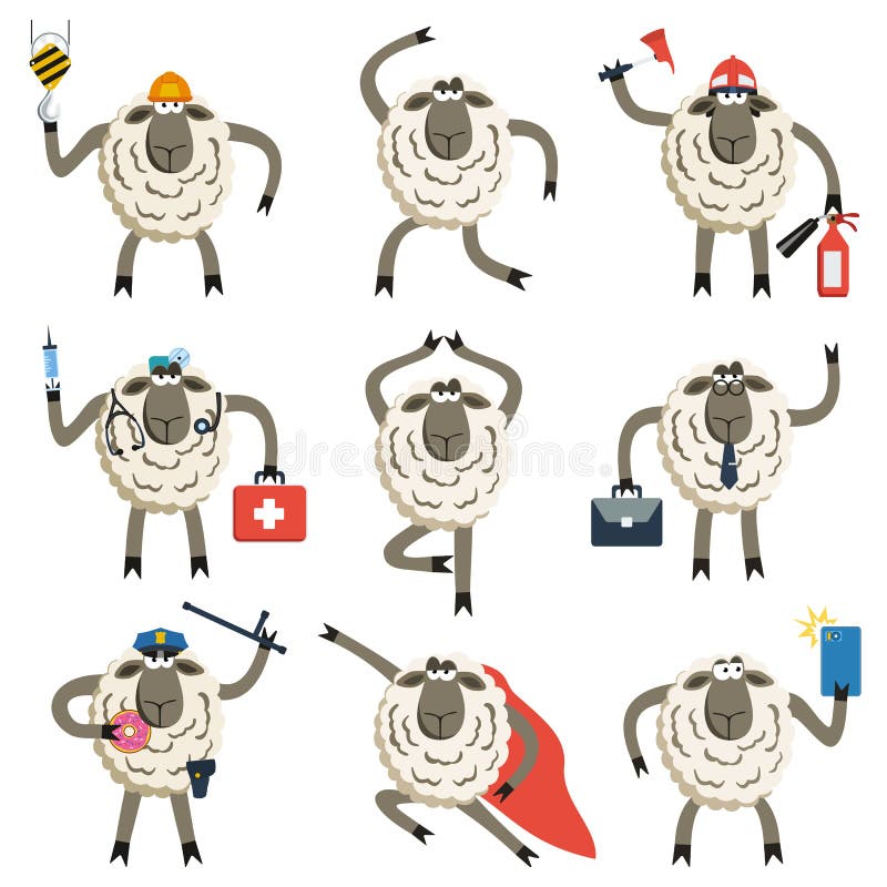 Sheep professional character vector set. Vector illustration of different sheep pose and role. Sheep gun vectors