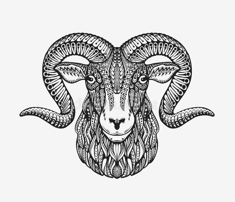 Sheep, ram or mountain goat. Animal decorated with ethnic patterns. Vector illustration