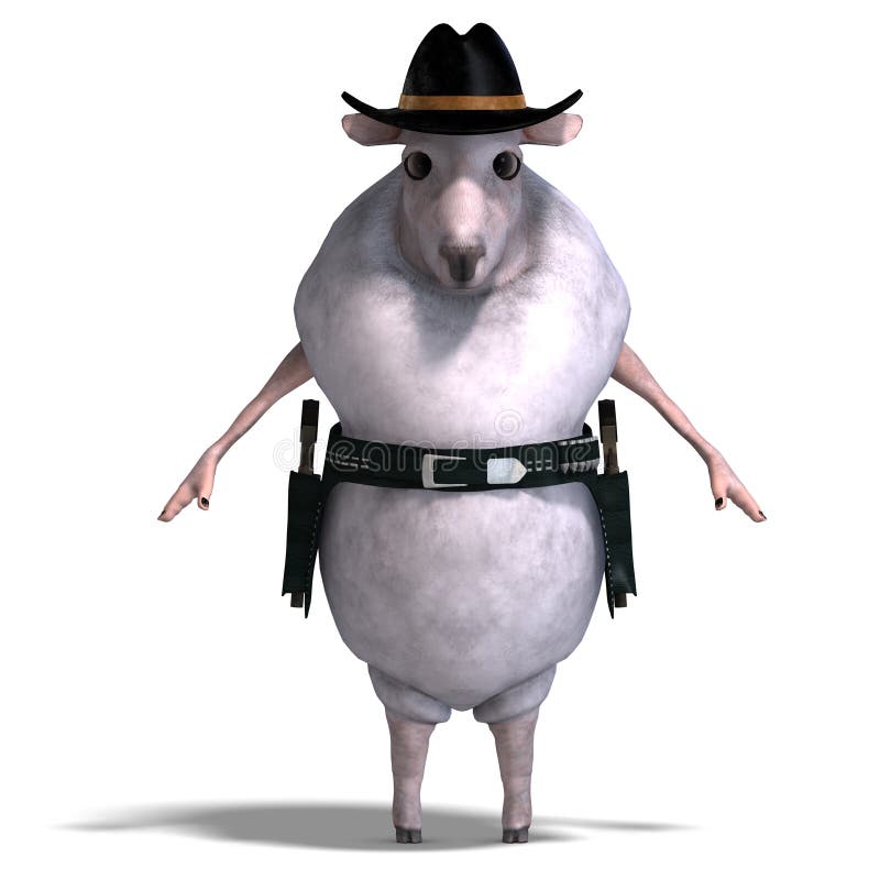 3D rendering of a sheep of the wild west with clipping path and shadow over white. Sheep gun illustrations
