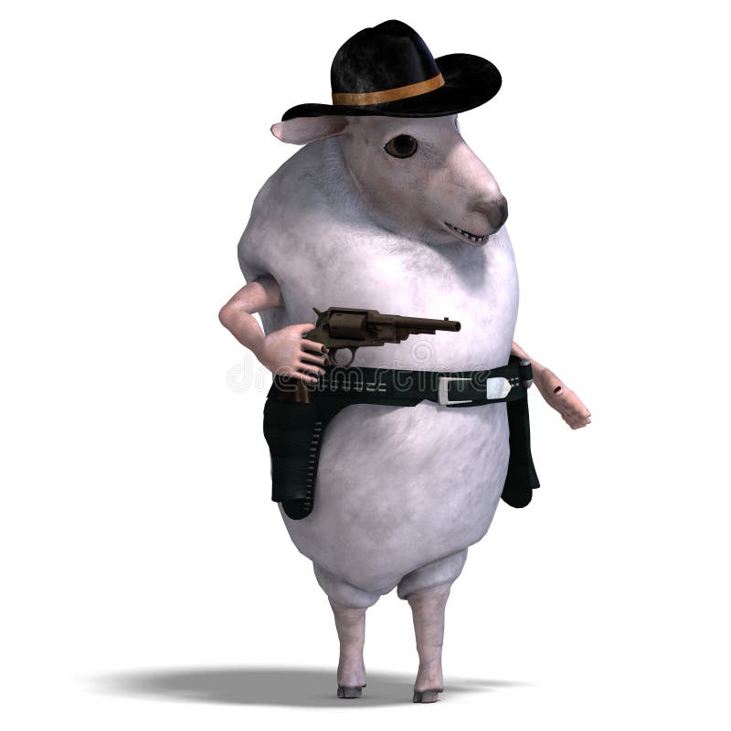 3D rendering of a sheep of the wild west with clipping path and shadow over white. Sheep gun illustrations