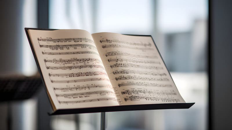 Sheet music notebook displaying musical notation and notes on a black music stand, waiting for a musician to practice or perform classical compositions. Paper notation stock images, royalty-free photos and pictures