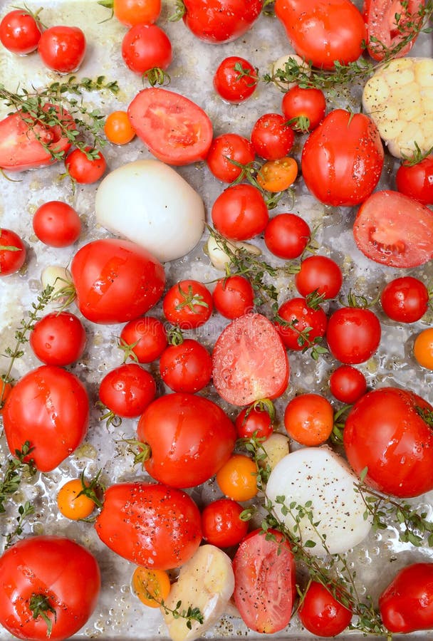 Sheet Pan of Roasted Tomatoes, Garlic and Herbs Stock Image Image of