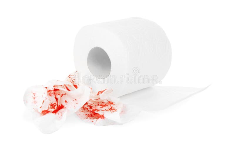 Sheets of Toilet Paper with Blood on Red. Hemorrhoid Problems Stock