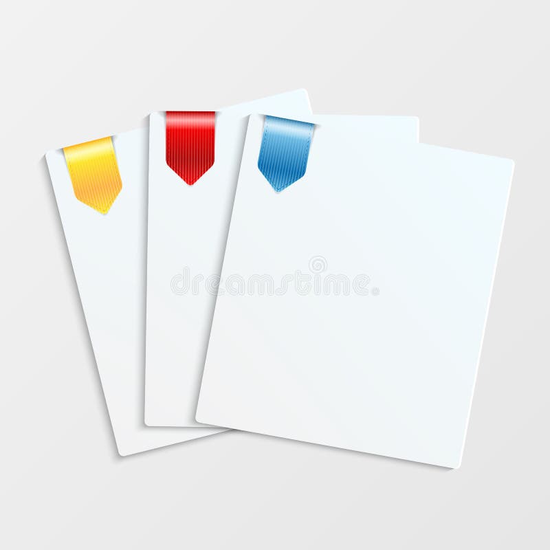 Sheets of white paper with colorful bookmarks