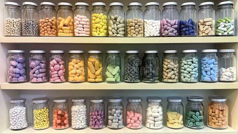 A shelf of colorful vitamins and supplements arranged in a clean pharmacy. digital stock photo