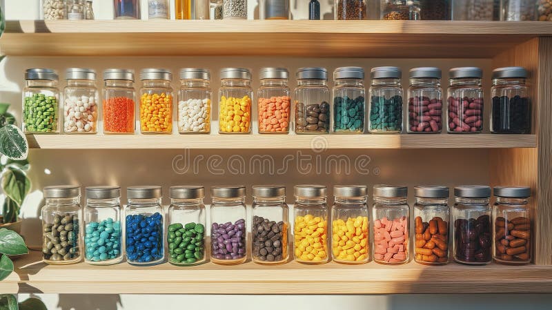 A shelf of colorful vitamins and supplements arranged in a clean pharmacy. digital stock photography