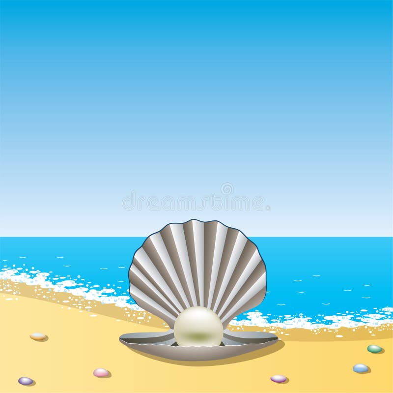 Shell with pearl on the sea shore royalty free illustration