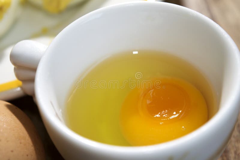 Shelled white egg and yolk stock photo. Image of range 57026092
