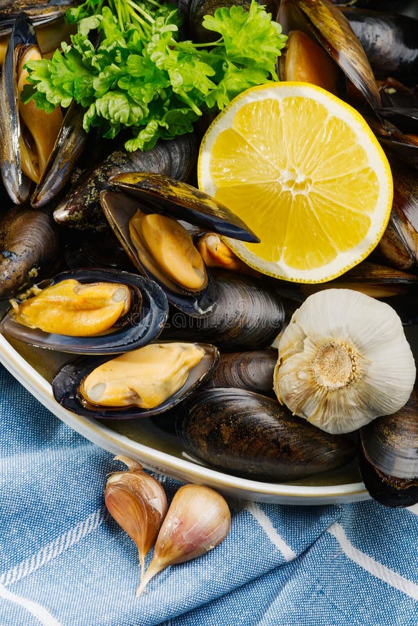 Shellfish Dish. Seafood Dishes. Mussels in Sauce. Stock Image Image