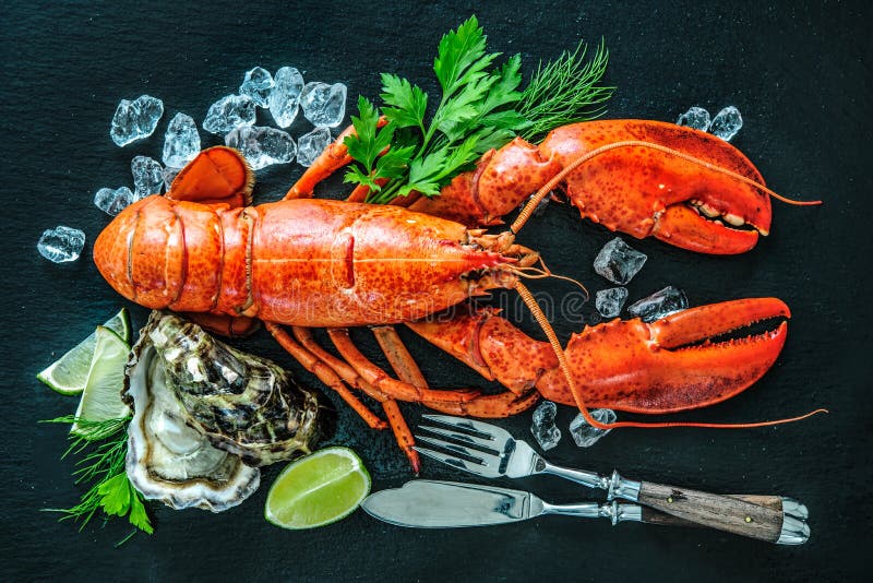 Shellfish plate of crustacean seafood with fresh lobster, mussels, oysters as an ocean gourmet dinner background