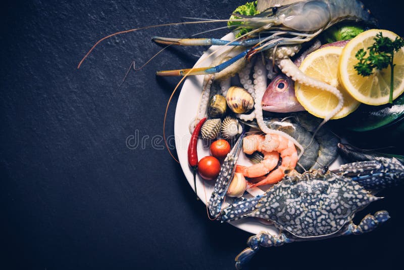 Shellfish seafood plate with shrimps prawns crab shell cockles mussel squid and fish ocean gourmet dinner royalty free stock photos Shellfish seafood plate with shrimps prawns crab shell cockles mussel squid and fish ocean gourmet dinner royalty free stock photos