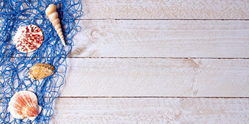 Shells with blue fishing net on wooden background