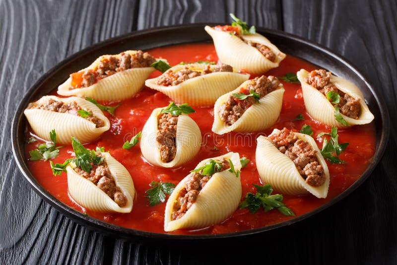 Shells Pasta Stuffed with Ground Beef with Herbs in a Marinara S Stock