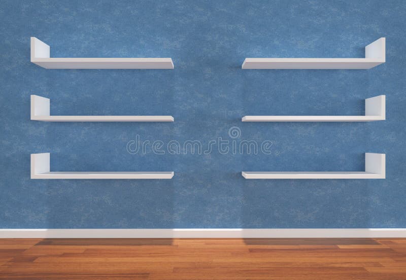 Shelves on blue wall stock illustration. Illustration of color 21854446