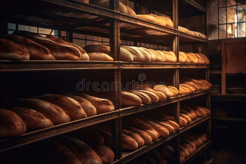 Shelves with Readymade Freshly Baked Bread in the Bakery Stock
