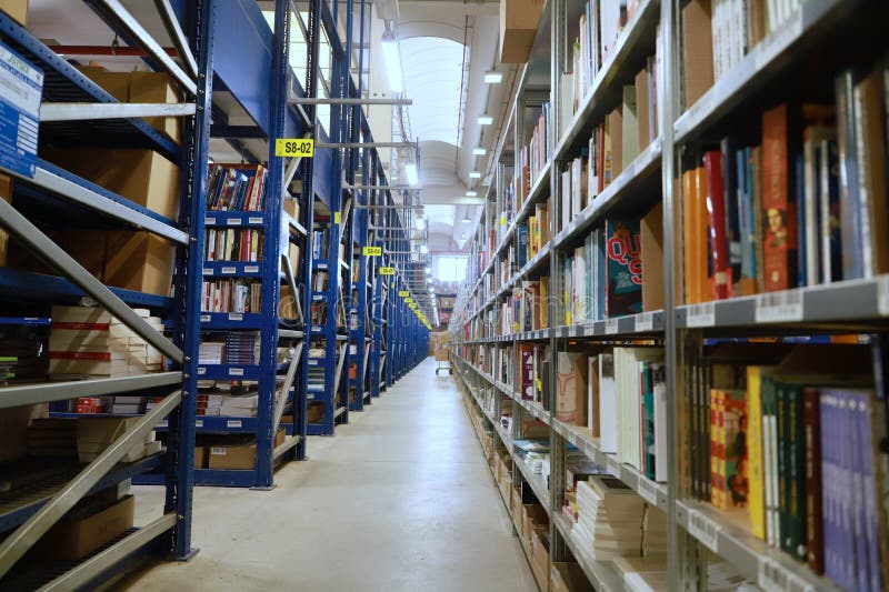 Shelving Inside a Logistics Warehouse for Book Storage Stock Image
