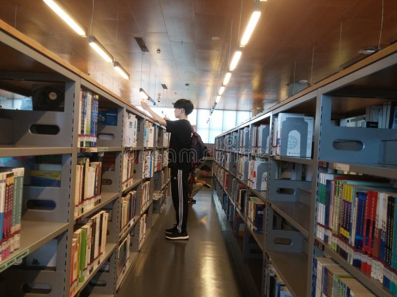 Shenzhen, Κίνα: οι αρσενικών και θηλυκών αναγνώστες βιβλιοθηκών, διαβάζουν στοκ φωτογραφία με δικαίωμα ελεύθερης χρήσης