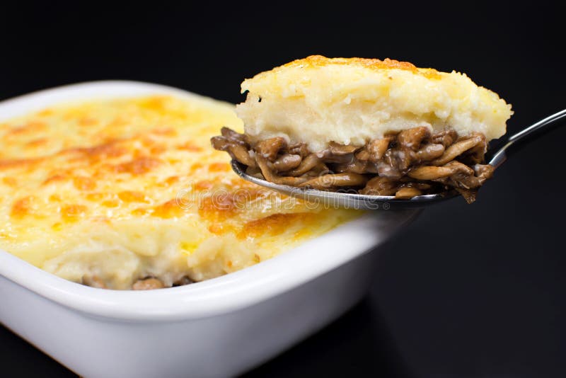 Shepherd`s Pie Made of Potato and Stuffed with Shimeji Mushroom Stock