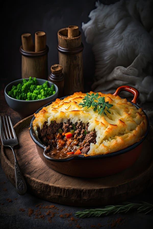 Shepherds Pie or Cottage Pie is Casserole. Illustration AI Generative