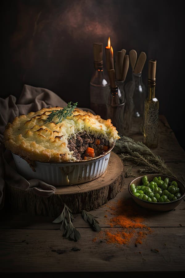 Shepherds Pie or Cottage Pie is Casserole. Illustration AI Generative