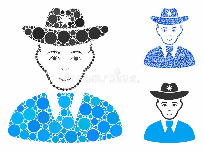 Sheriff Mosaic Icon of Circles. Sheriff composition of filled circles in different sizes and color tinges, based on sheriff icon. Vector random circles are composed into blue composition
