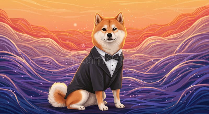 A Shiba Inu dog dressed in a tuxedo sits proudly against a vibrant, swirling vector illustration
