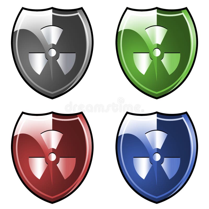 Colored shields with radioactive symbol.