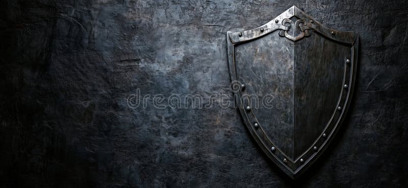 Shield against dark background, metallic texture, medieval design, intricate details, strong and protective appearance royalty free stock images