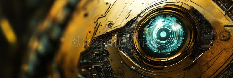 A shield displays intricate cybernetic designs and features a robotic eye, symbolizing artificial intelligences impact on cybersecurity efforts. Shield artificial intelligence stock images, royalty-free photos and pictures