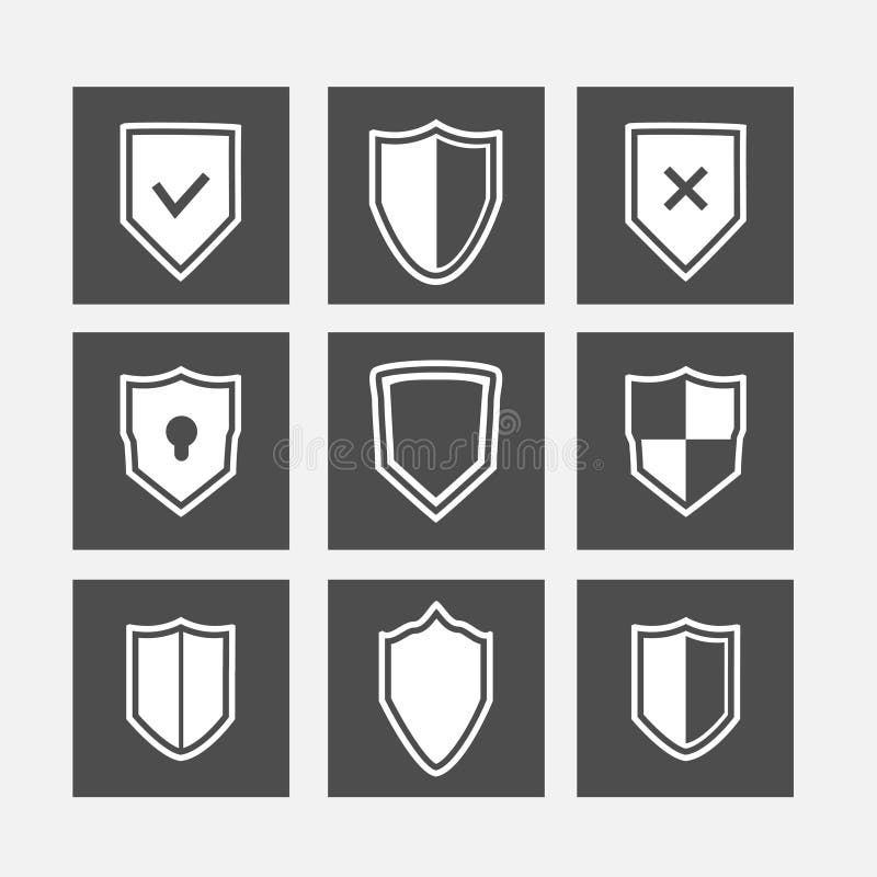 Collection of Shield, flat style icons set. Minimal shield vectors