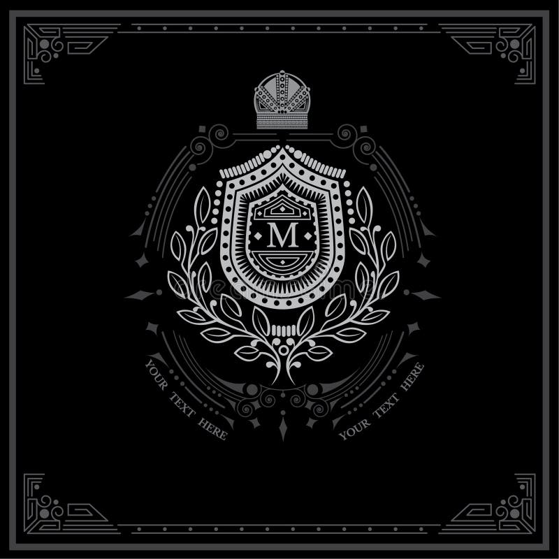 Shield with floral wreath monogram template for letter M. Elegant line ornament frame. White on black. Minimal shield vectors