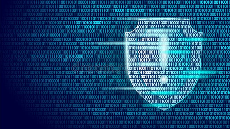 Shield guard safety system binary code flow. Big data security hacker attack computer antivirus business concept vector illustration