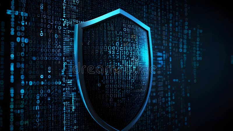 Shield icon with digital matrix background stock illustration