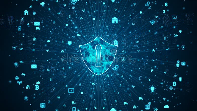 Shield Icon of secure data network, Cyber security and information network protection, Future technology network for business and stock illustration