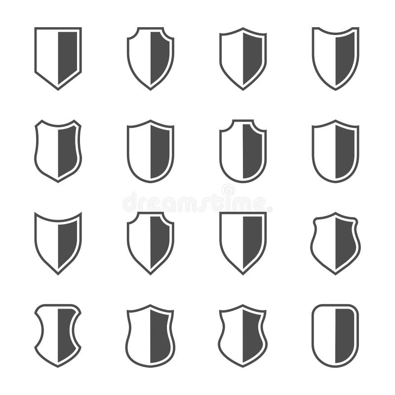 Shield icon set. Black and white. Minimal shield vectors