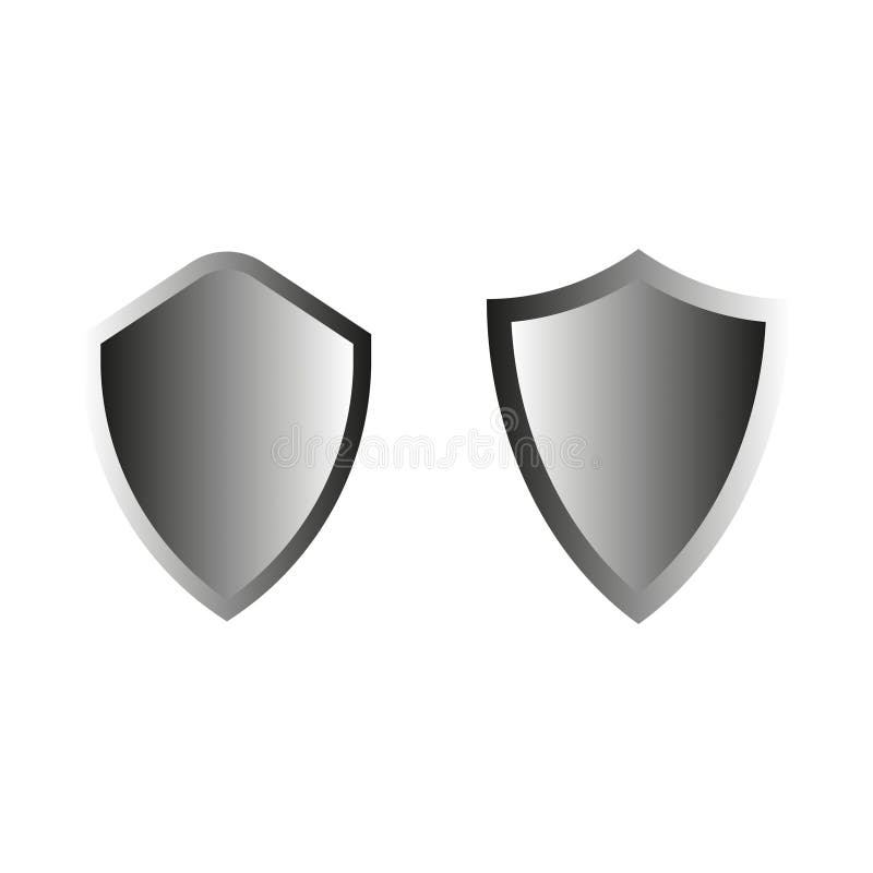 Shield icon set. Metallic silver surface. Gradient security symbol. Vector glossy shapes. stock illustration