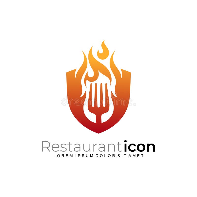 Shield Logo and Fire Design Restaurant, Fork and Fire Stock Vector