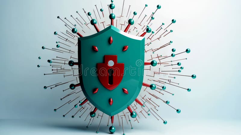 Shield protecting against virus particles conceptual animation of cyber defense. Antivirus program, computer protection stock illustration