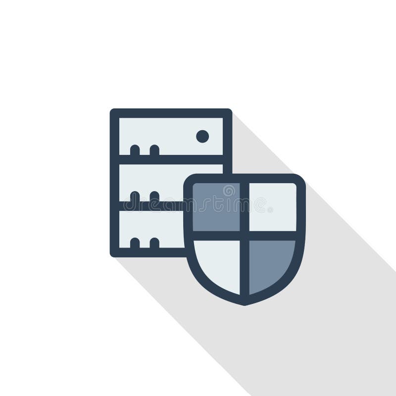 Shield, safety, protection with data center, server thin line flat color icon. Linear vector symbol. Colorful long stock illustration