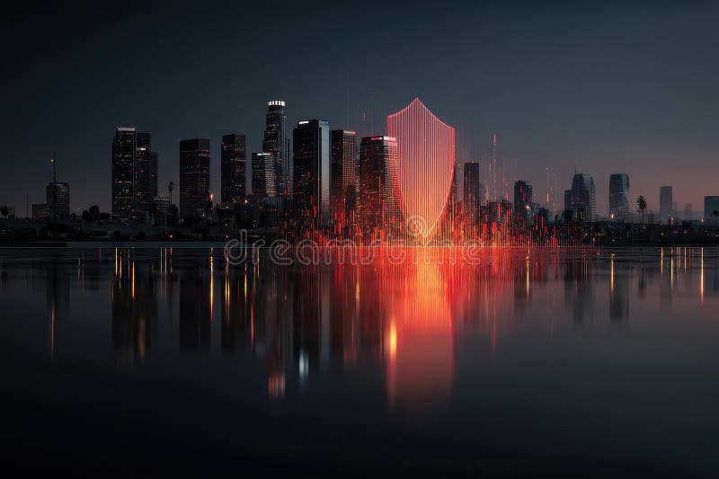 Shield Shape in Matrix Design with Gentle Wrap Around Urban Skyline Reflection at Night vector illustration