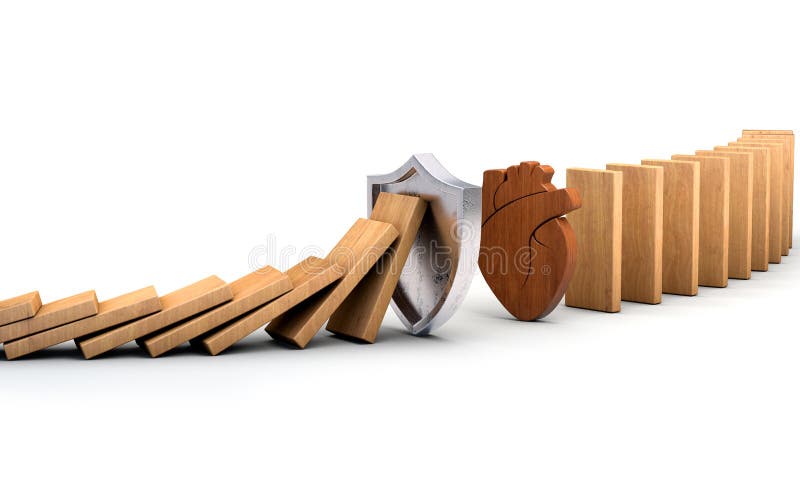 Shield stopping Falling wooden Dominoes. concept for Heart protection. Heart risk.