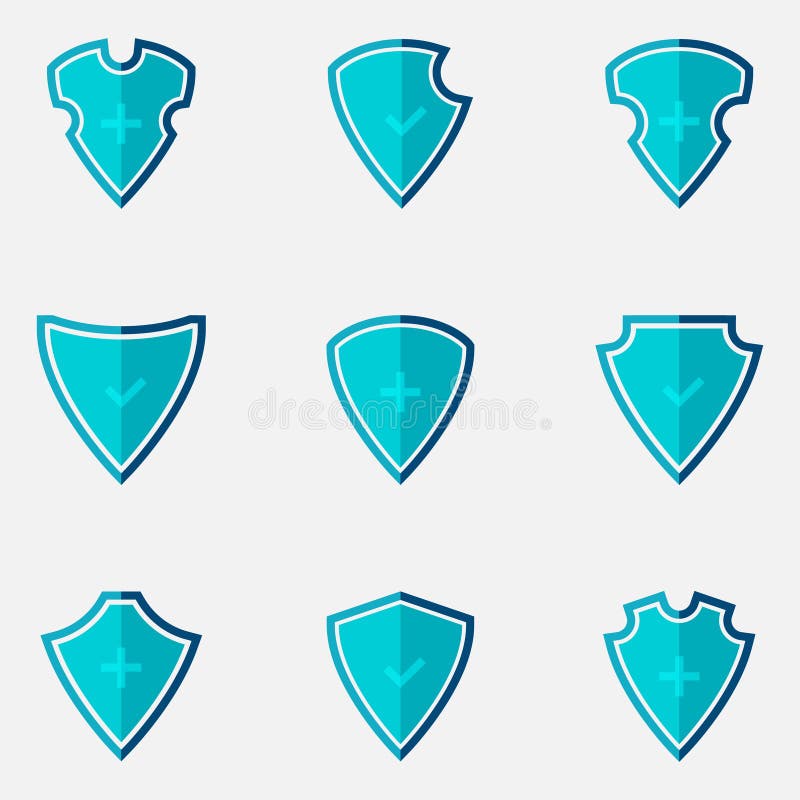 Shield vector icons. Shield different shapes in flat design. Shields isolated. Vector illustration stock illustration.