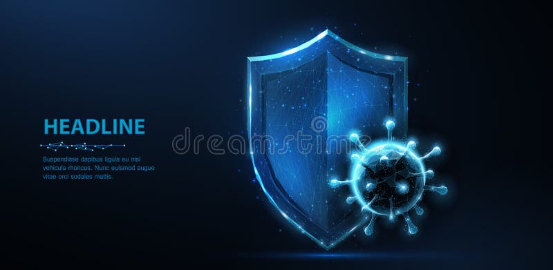 Shield vs virus. Abstract vector 3d shield viral microbe vs blue shield isolated. Computer virus safety, bacterial vector illustration