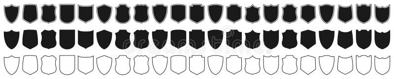 Shields set. Collection of security shield icons with contours and linear signs. Design elements for concept of safety and protection. Vector illustration. Minimal shield vectors