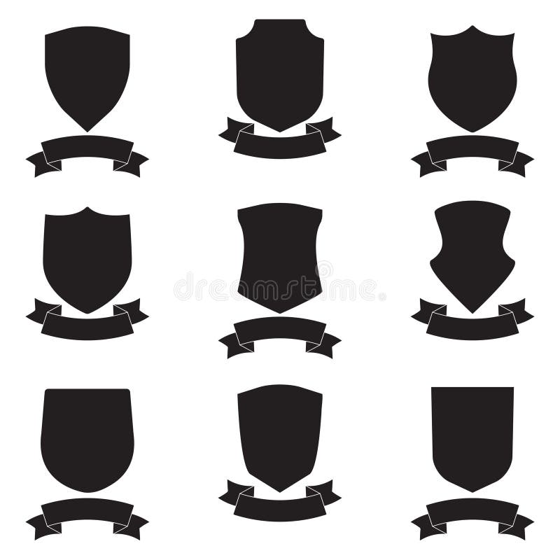 Shields and stylish ribbon set. Different black shield shapes collection. Heraldic royal design.